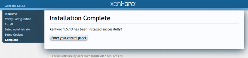 installation of xenforo complete